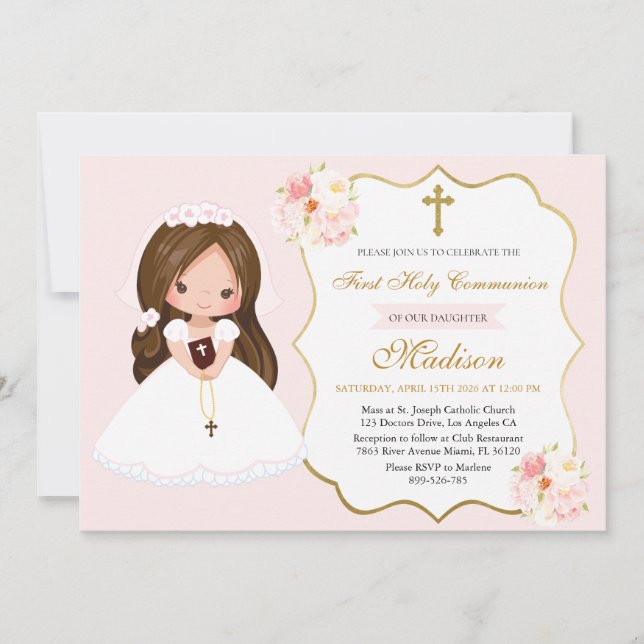 Bunette Girl First Holy Communion Elegant Cute Invitation (Front)