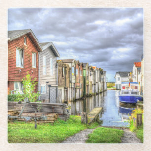 Bungalow Harbour Scenary Boat Landscape Glass Coaster