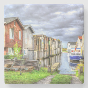 Bungalow Harbour Scenary Boat Landscape Stone Coaster