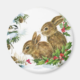 Bunnies and Bird Enjoy Christmas Snow Magnet