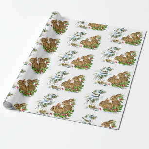 Bunnies and Bird Enjoy Snow Christmas Wrapping Paper