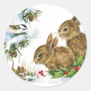 Bunnies and Bird Enjoy Snow Classic Round Sticker