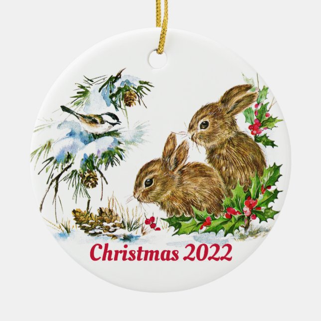 Bunnies and Bird Enjoy Snow Custom Christmas Ceramic Ornament (Front)