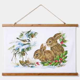 Bunnies and Bird Enjoy Snow Hanging Tapestry