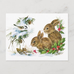 Bunnies and Bird Enjoy Snow Postcard