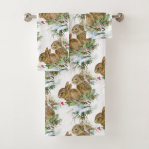 Bunnies and Bird in Snow Christmas Bath Towel Set