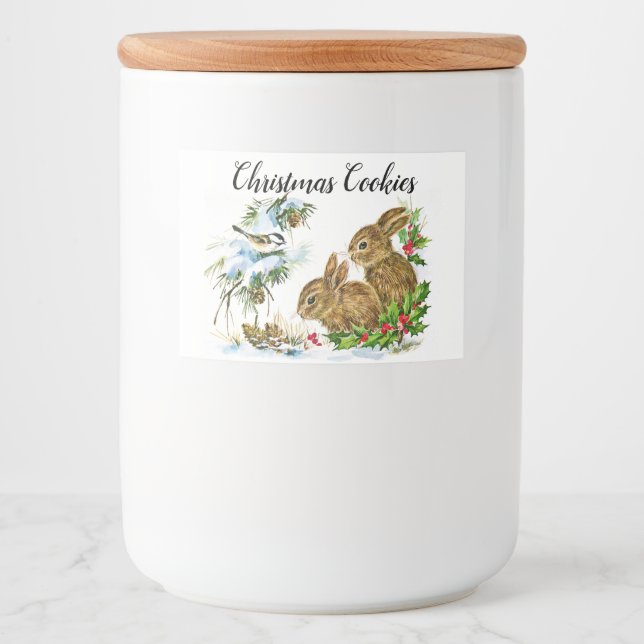 Bunnies and Birds Enjoy Snow Christmas Food Label (Front)