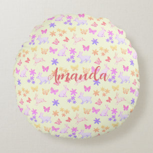 Bunnies and butterflies round cushion