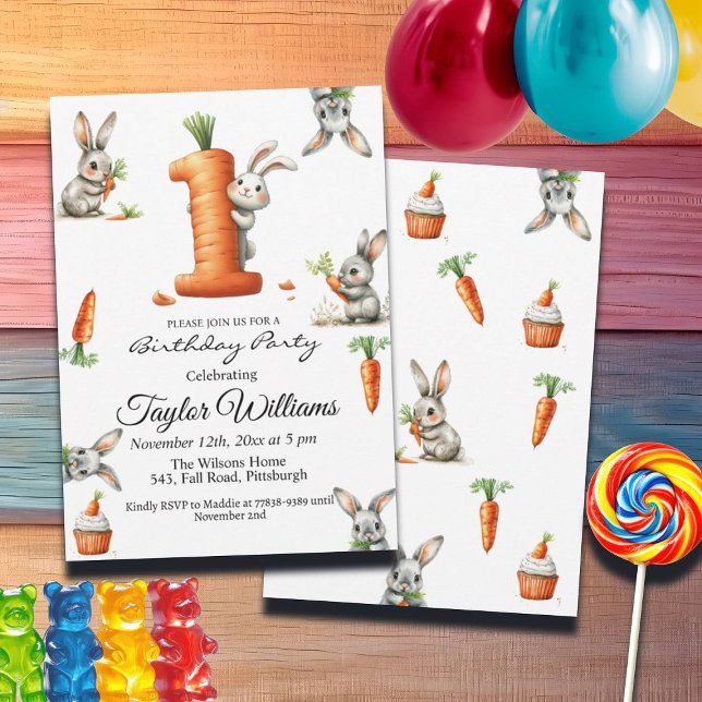 Bunnies and Carrots 1st Birthday Party Invitation (Creator Uploaded)