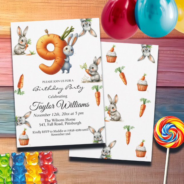 Bunnies and Carrots 9th Birthday Party Invitation (Creator Uploaded)