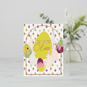 Bunnies and easter eggs. foil holiday postcard
