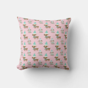 Bunnies and Reindeer over Pale Pink Holiday Art Cushion