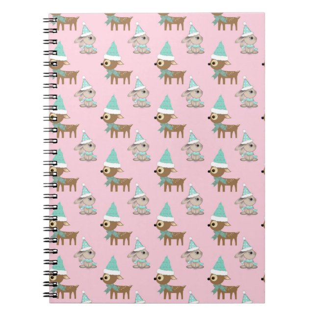 Bunnies and Reindeer over Pale Pink Holiday Art Notebook (Front)