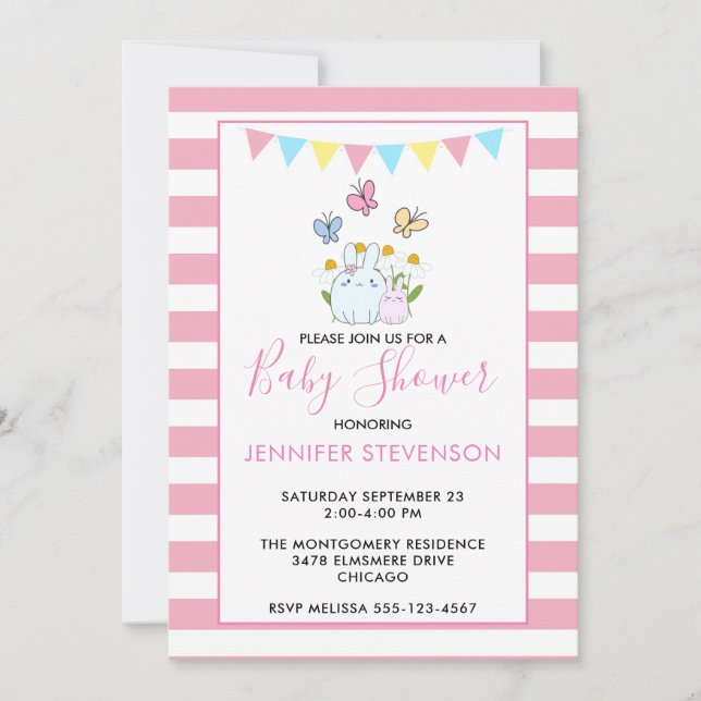 Bunnies, Butterflies & Daisies Baby Shower Invitation (Front)
