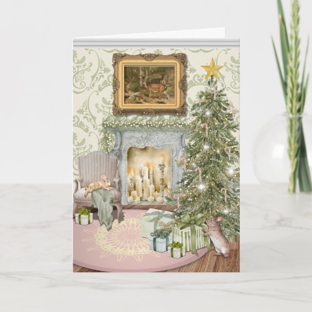 Bunnies Celebrating Christmas Folded Greeting Card (Front)