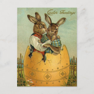 Bunnies in a Gold Egg, Vintage Victorian Easter  Holiday Postcard