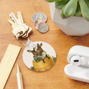 Bunnies in a Gold Egg, Vintage Victorian Easter Key Ring