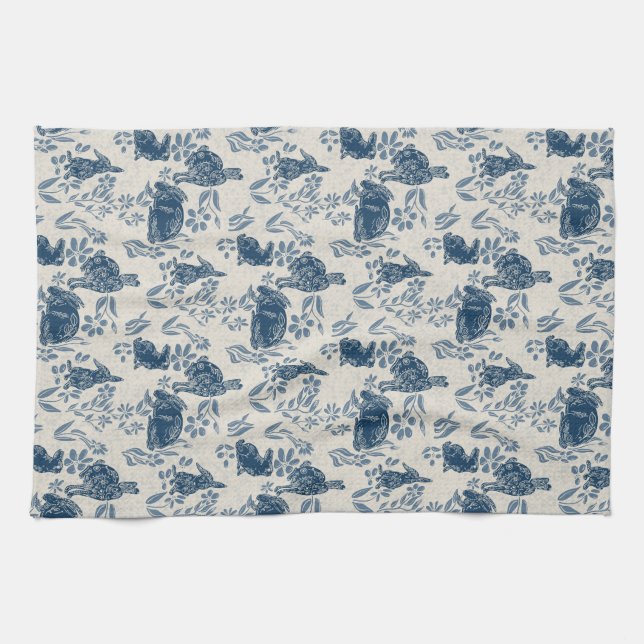 Bunnies in my Flowers —Toile de Jouy Towel (Horizontal)