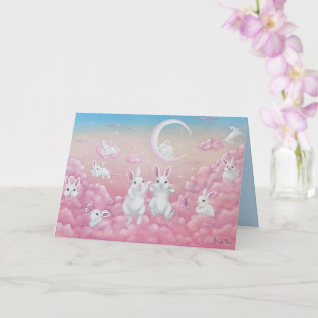 Bunnies in Pink Clouds Whimsical Art Card (Orchid)