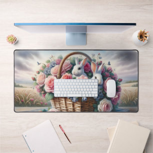Bunnies Nestled Among Cottage Roses Desk Mat
