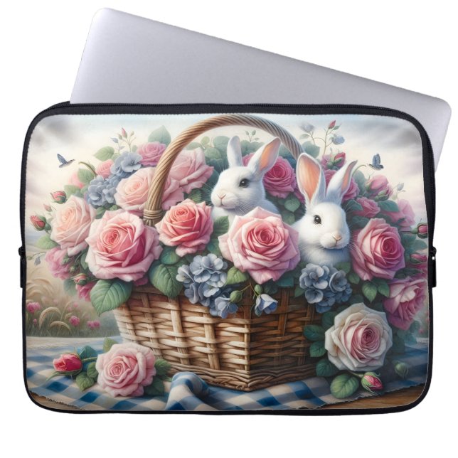 Bunnies Nestled Among Cottage Roses Laptop Sleeve (Front)