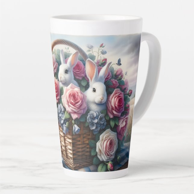 Bunnies Nestled Among Cottage Roses Latte Mug (Right Angle)