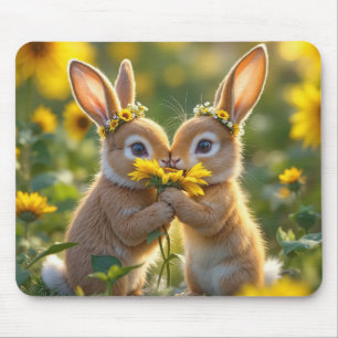 Bunnies Smelling a Yellow Sunflower Mouse Pad
