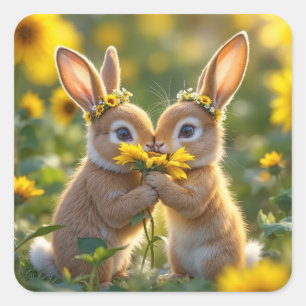 Bunnies Smelling a Yellow Sunflower Square Sticker