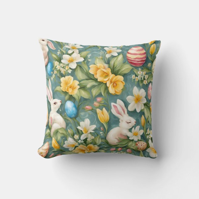 Bunnies, Spring Flowers and Easter Eggs. Painting Cushion (Front)
