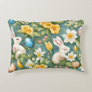 Bunnies, Spring Flowers and Easter Eggs. Painting Decorative Cushion