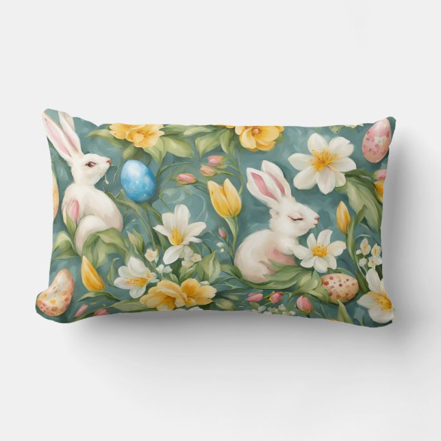 Bunnies, Spring Flowers and Easter Eggs. Painting Lumbar Cushion (Front)