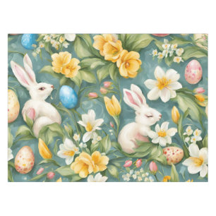 Bunnies, Spring Flowers and Easter Eggs. Painting Tablecloth