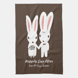 Bunnies Wedding Bride and Groom with Custom Text Tea Towel