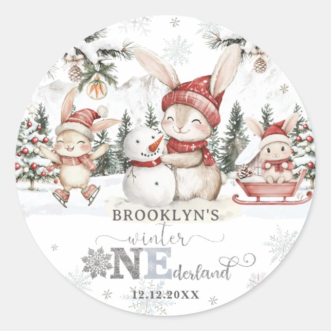 Bunnies Winter ONEderland Christmas 1st Birthday Classic Round Sticker (Front)