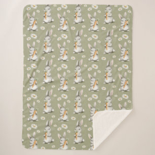 Bunnies with Carrots Green Daisy Flowers Birthday Sherpa Blanket
