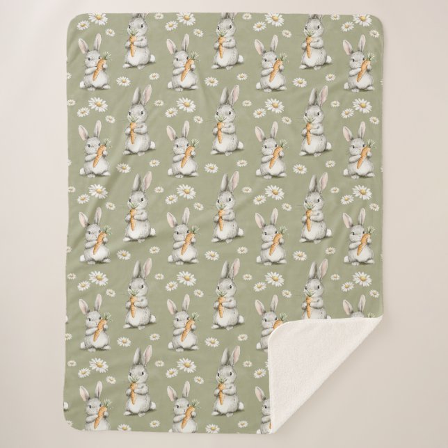 Bunnies with Carrots Green Daisy Flowers Birthday Sherpa Blanket (Front)
