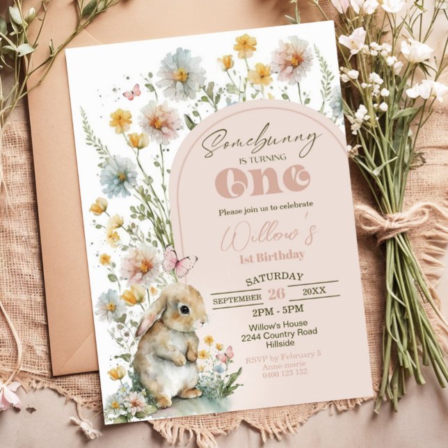 Bunny 1st Birthday Invitation Wildflowers (BUNNY Birthday Invitation Bunny 1st Birthday Invite Download Some Bunny is turning One Invitation)