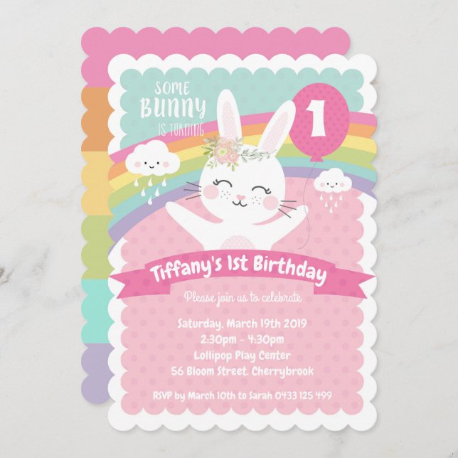 Bunny 1st Birthday Invitations Girls (Front/Back)