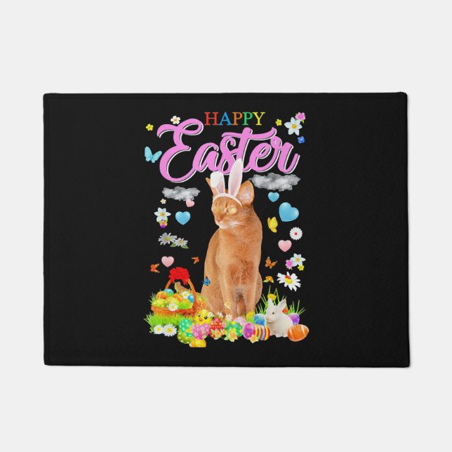 Bunny Abyssinian Cat Happy Easter Doormat (Front)