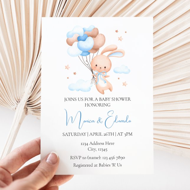Bunny and Balloons Boy Baby Shower Invitation (Creator Uploaded)