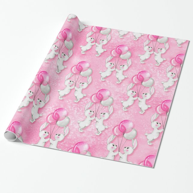 Bunny and balloons. Pink Wrapping Paper (Unrolled)
