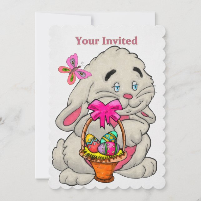 Bunny and Basket CUSTOM 1ST Easter Egg Hunt Invitation (Front)