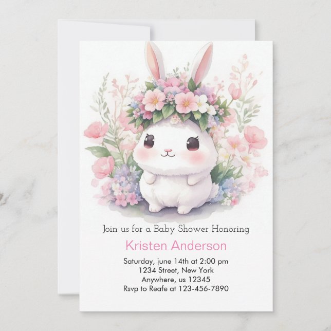 Bunny and Blooms Baby Girl Shower Invitation (Front)