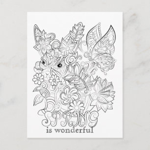 Bunny and butterfly adult colouring post card
