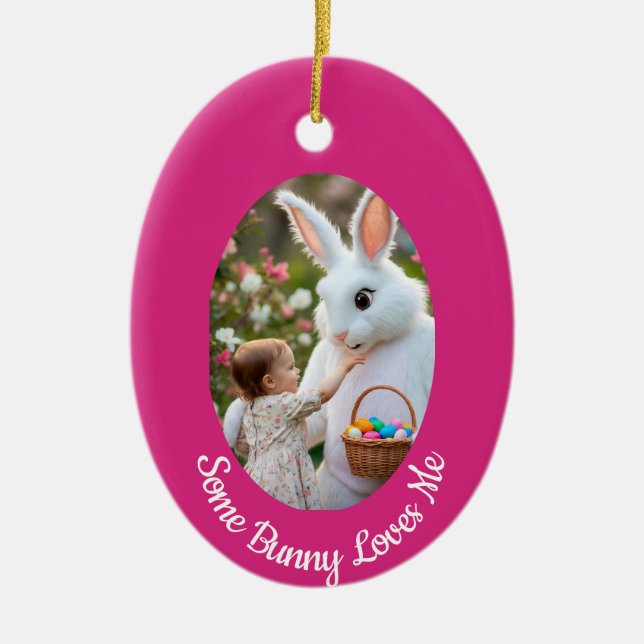 Bunny and Child photo pink blue Oval Frame Easter Ceramic Ornament (Front)