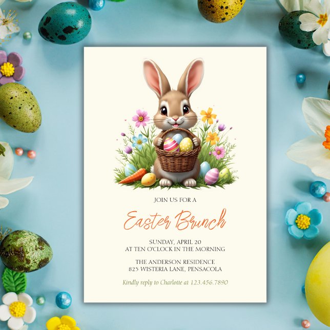 Bunny and Colourful Eggs Whimsical Easter Brunch Invitation (Modern Whimsical Easter Brunch Invitation with Bunny and Colorful Eggs)