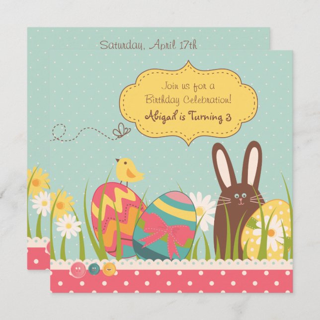 Bunny and Easter Eggs Birthday Invitation ~ Girls (Front/Back)