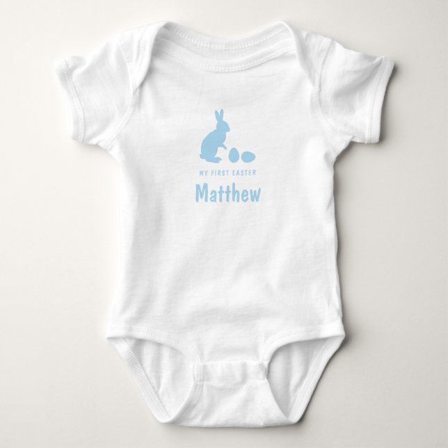 Bunny And Eggs In Blue With Name My First Easter Baby Bodysuit (Front)