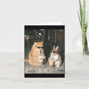 Bunny and Ginger Cat Drinking Boba Tea Funny 90s Card