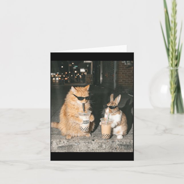 Bunny and Ginger Cat Drinking Boba Tea Funny 90s Card (Front)
